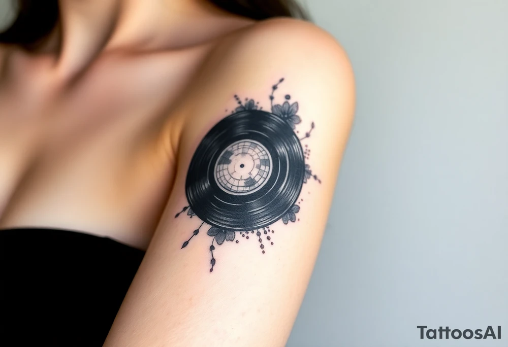 vinyl record and disco ball tattoo idea