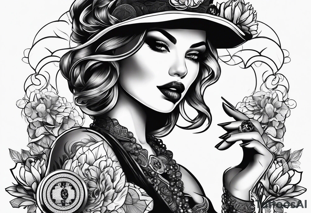 woman with smoke in mouth; poker chips on hand tattoo idea