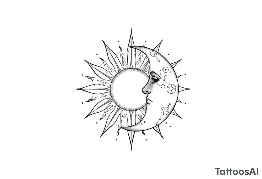 celestial sun and moon embrace with constellation patterns tattoo idea celestial sun and moon embrace with constellation patterns tattoo idea
