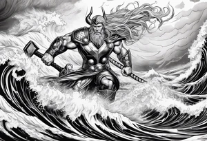 Thor fighting the world serpent in the ocean in a typhoon tattoo idea