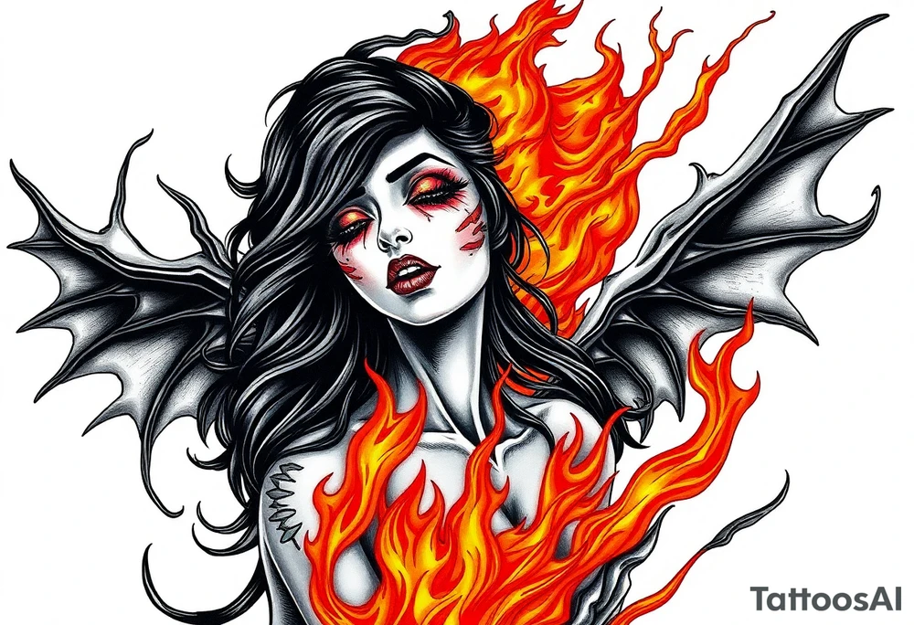 Evil young woman in the flame tattoo idea