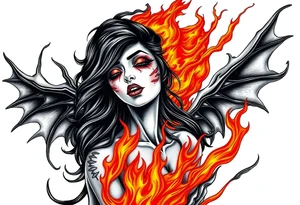 Evil young woman in the flame tattoo idea