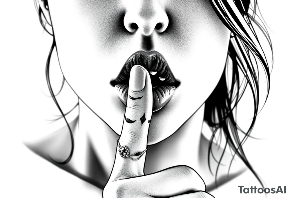 realistic portrait of sexualised woman with her finger to her lips. Must say: Loose lips sink ships tattoo idea