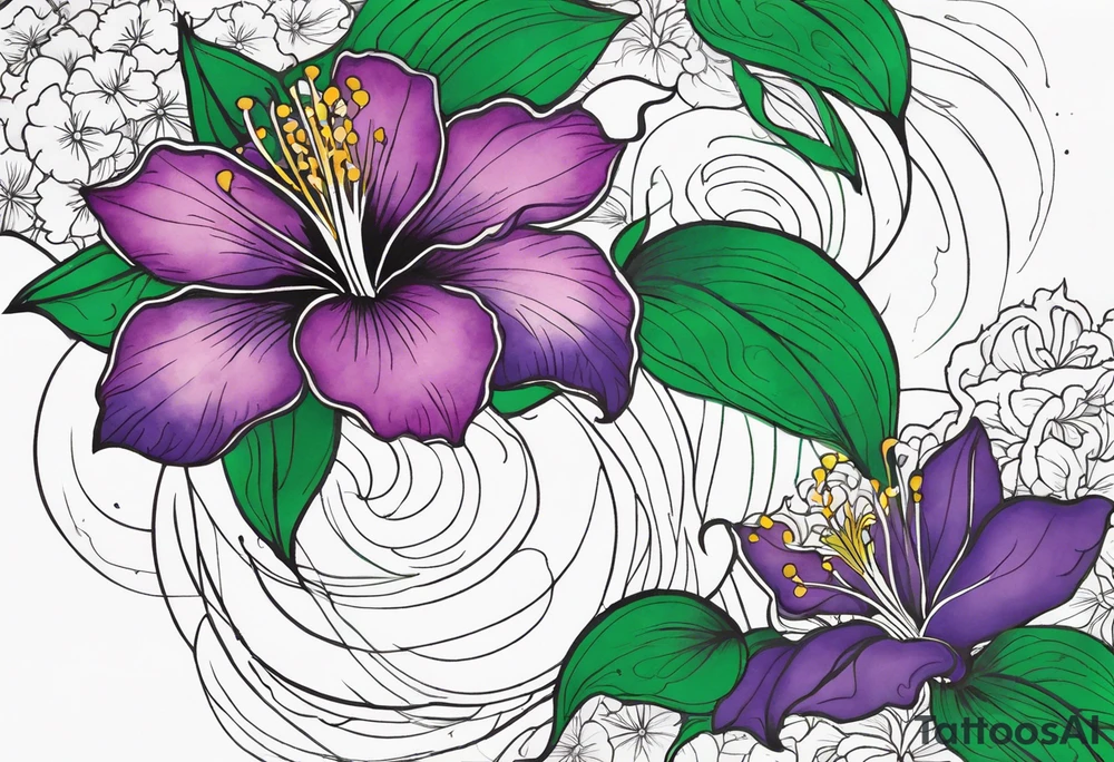 An outline of a green rio dipladenia flower and a green and purple watercolor splash in the background tattoo idea