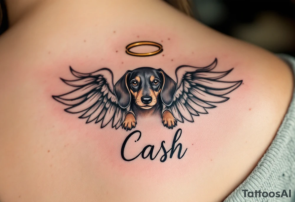 Dachshund ears between wings with a halo above and the name Cash tattoo idea