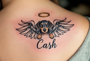 Dachshund ears between wings with a halo above and the name Cash tattoo idea