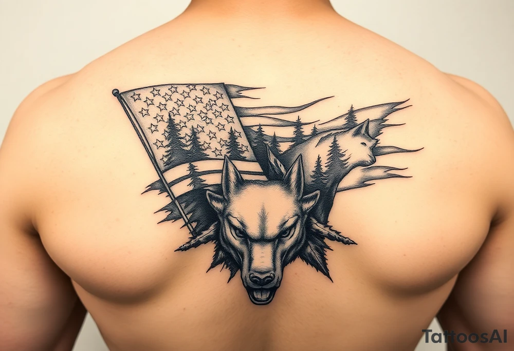 American flag with forest and animal arm sleeve tattoo idea