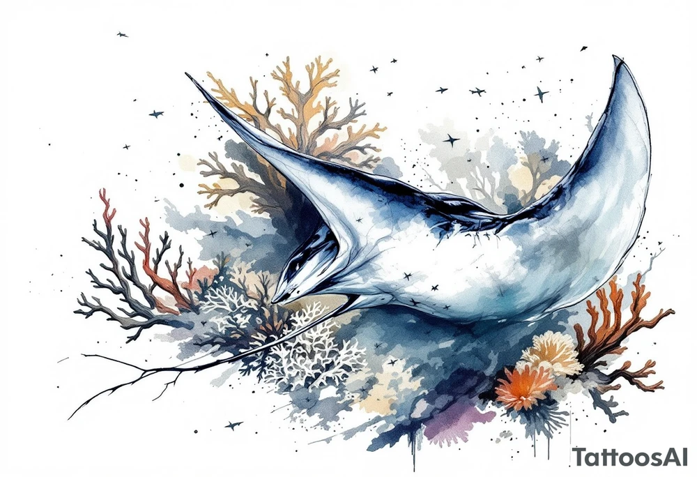 Manta ray swimming, coral reef bellow for forearm tattoo idea