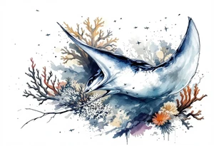Manta ray swimming, coral reef bellow for forearm tattoo idea