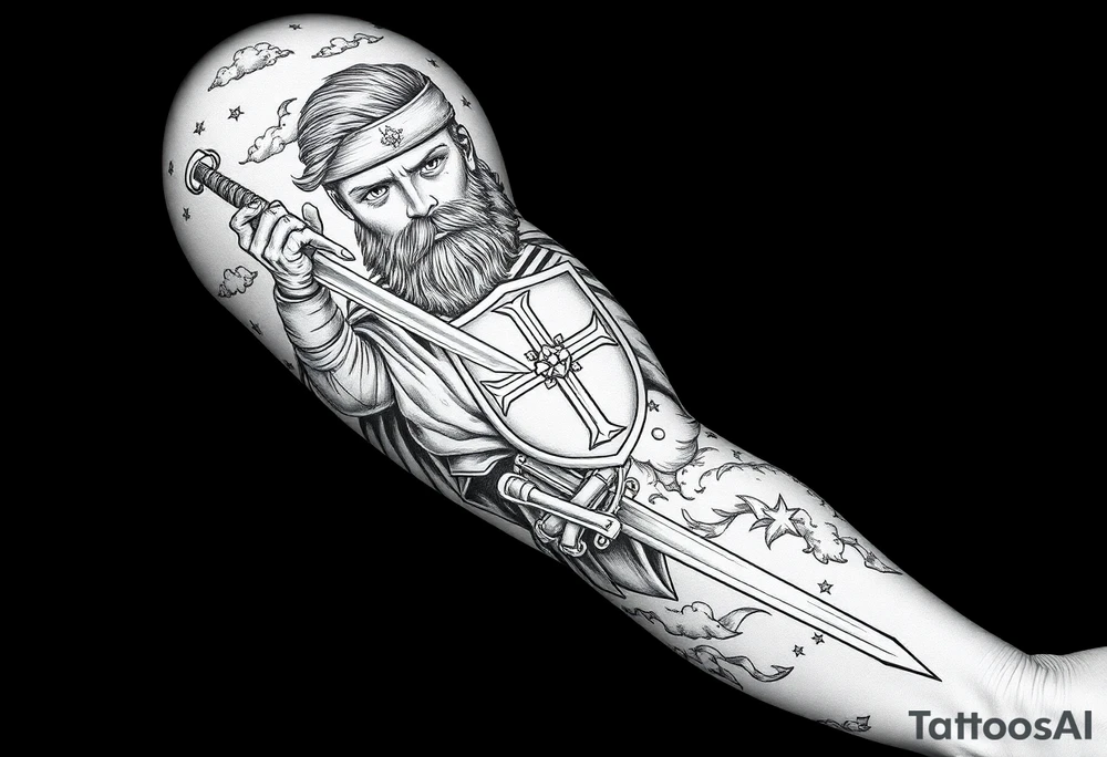 Half sleeve. King Alfred the great, sword, clouds, shield, cross tattoo idea