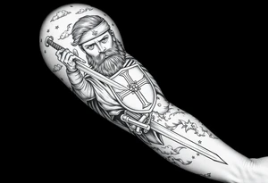 Half sleeve. King Alfred the great, sword, clouds, shield, cross tattoo idea