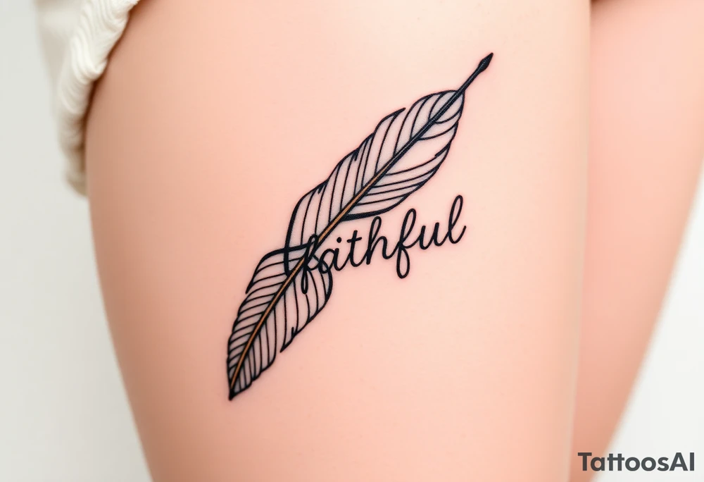 A feather with a fine-line geometric design in black and gold, featuring the word "Faithful", signifying devotion and trust tattoo idea