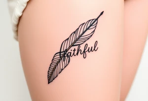 A feather with a fine-line geometric design in black and gold, featuring the word "Faithful", signifying devotion and trust tattoo idea