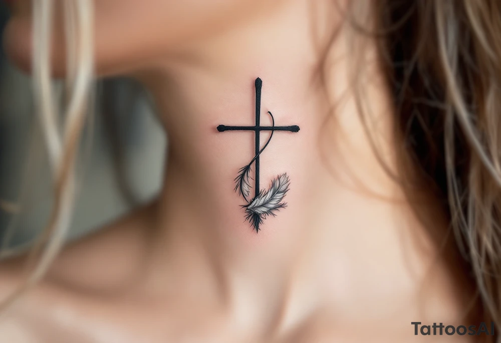 Cross with Feather Details – A thin black cross with feather accents in soft gray and white, symbolizing freedom, spirituality, and lightness of being. tattoo idea