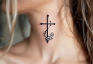 Cross with Feather Details – A thin black cross with feather accents in soft gray and white, symbolizing freedom, spirituality, and lightness of being. tattoo idea