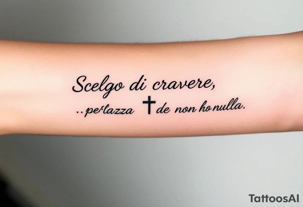 I want a tattoo with the quote “Scelgo di credere, perché senza fede non ho nulla.” Before the quote, I want a small cross. I’d like it to be written in a handwritten, elegant font on a single line, slightly curved to follow the shape of the placement. I want to place it on the lower part of my forearm, from the wrist toward the elbow. tattoo idea