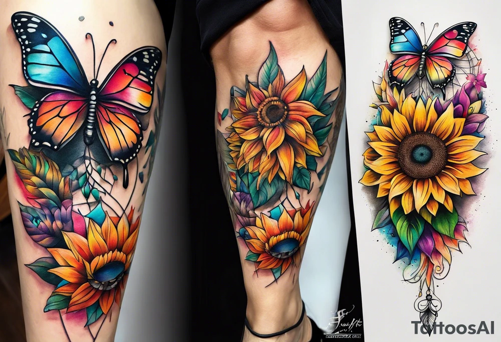 Quarter Leg sleeve with dreamcatcher, rainbow sunflowers and one butterfly tattoo idea