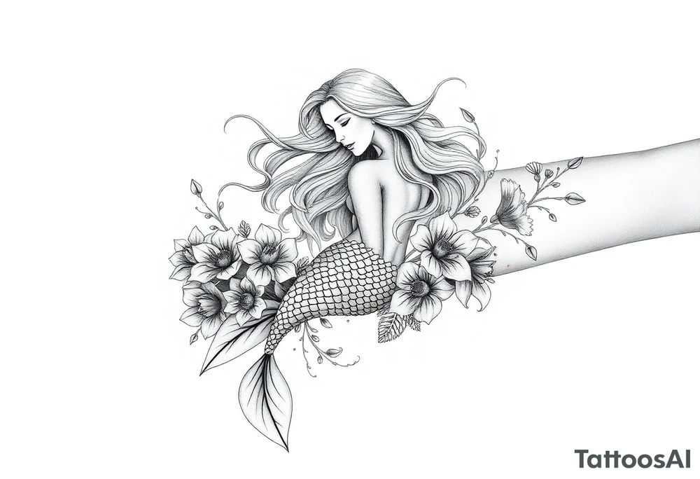 ethereal mermaid with flowing hair among coral and sea flowers tattoo idea