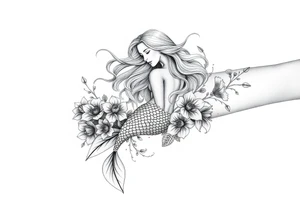 ethereal mermaid with flowing hair among coral and sea flowers tattoo idea