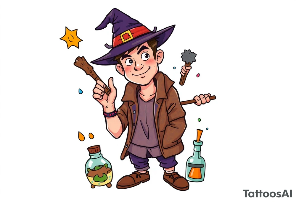 Handsome young adult guy is  accidentally stumbled upon witch tools, supplies, artifacts, potions tattoo idea