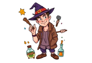 Handsome young adult guy is  accidentally stumbled upon witch tools, supplies, artifacts, potions tattoo idea
