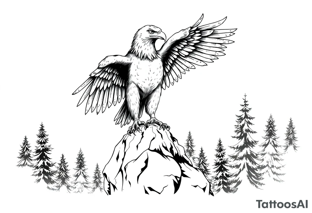 an eagle stands on arock.forest tattoo idea