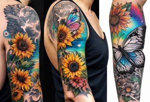 arm sleeve with winged cross, rainbow sunflowers and butterflies tattoo idea