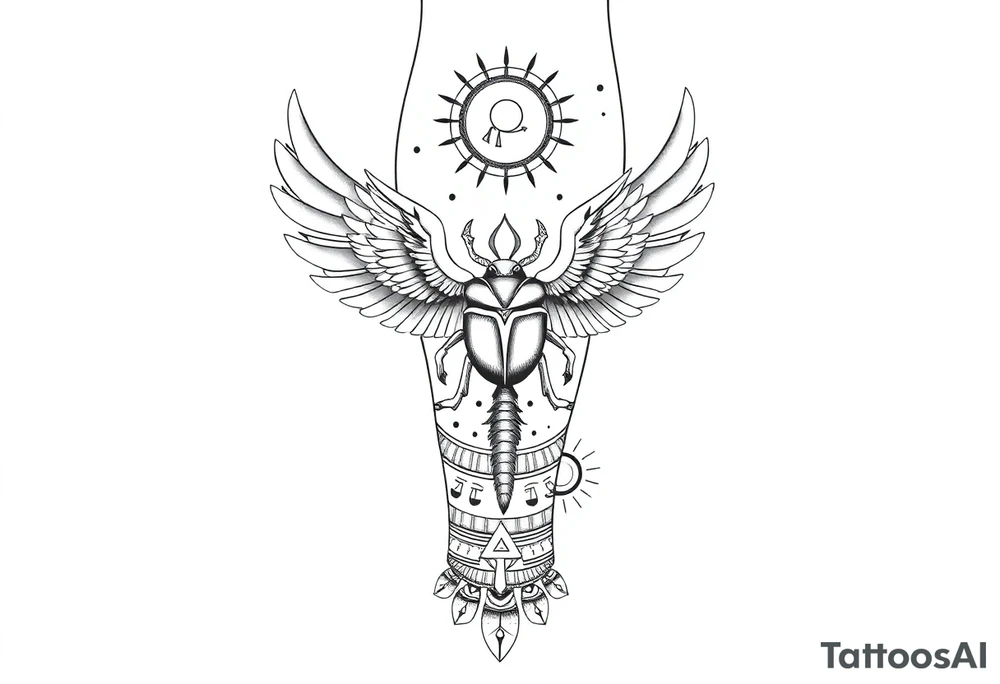 “Design a cohesive Egyptian-themed lower leg sleeve from knee to ankle, continuing from an existing black-and-grey fine-line tattoo. The current tattoo features a winged scarab beetle with extended, flowing wings wrapping around the knee and a circular Eye of Ra medallion at top centre of knee. 
Extend the design downward with ancient Egyptian symbolism in a balanced, flowing composition: include elements such as Anubis, Horus, hieroglyphic bands, lotus flowers, papyrus, ankhs, pyramids, and subtle desert or Nile motifs.
Maintain a clean black-and-grey style with fine linework, light shading, and etched, ancient-stone textures—no heavy color. Use soft gradients and negative space to blend seamlessly with the existing scarab wings and medallion.
Wrap the imagery naturally around the leg’s anatomy, tapering toward the ankle, with ornamental bands or hieroglyphs framing the lower leg. The overall look should feel sacred, ancient, powerful, and timeless, like an Egyptian relief brought to life on skin.” tattoo idea