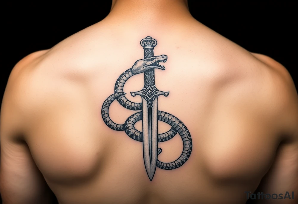mystical snake coiled around an ancient dagger with jeweled hilt tattoo idea