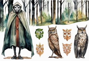 a tall thin man in a  medeival cloak wearing an owl mask walking in a forest tattoo idea
