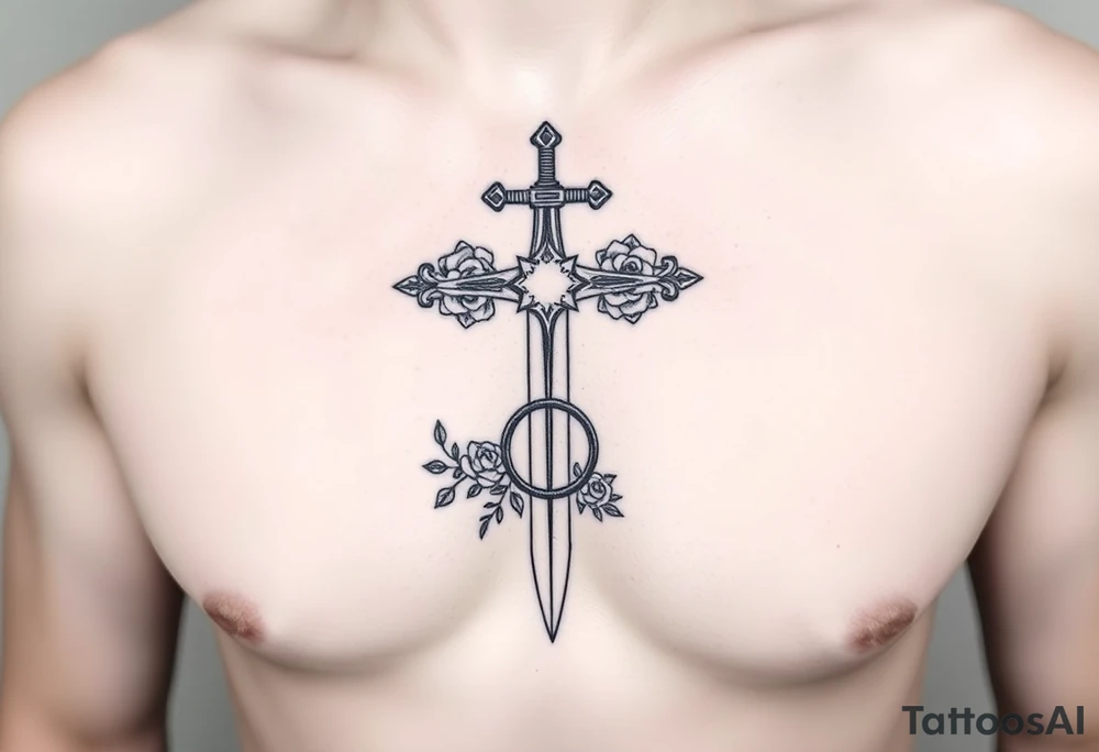 A gothic cross with a sword tip on the bottom going through an infinity sign and has roses and vines growing around tattoo idea