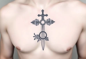 A gothic cross with a sword tip on the bottom going through an infinity sign and has roses and vines growing around tattoo idea