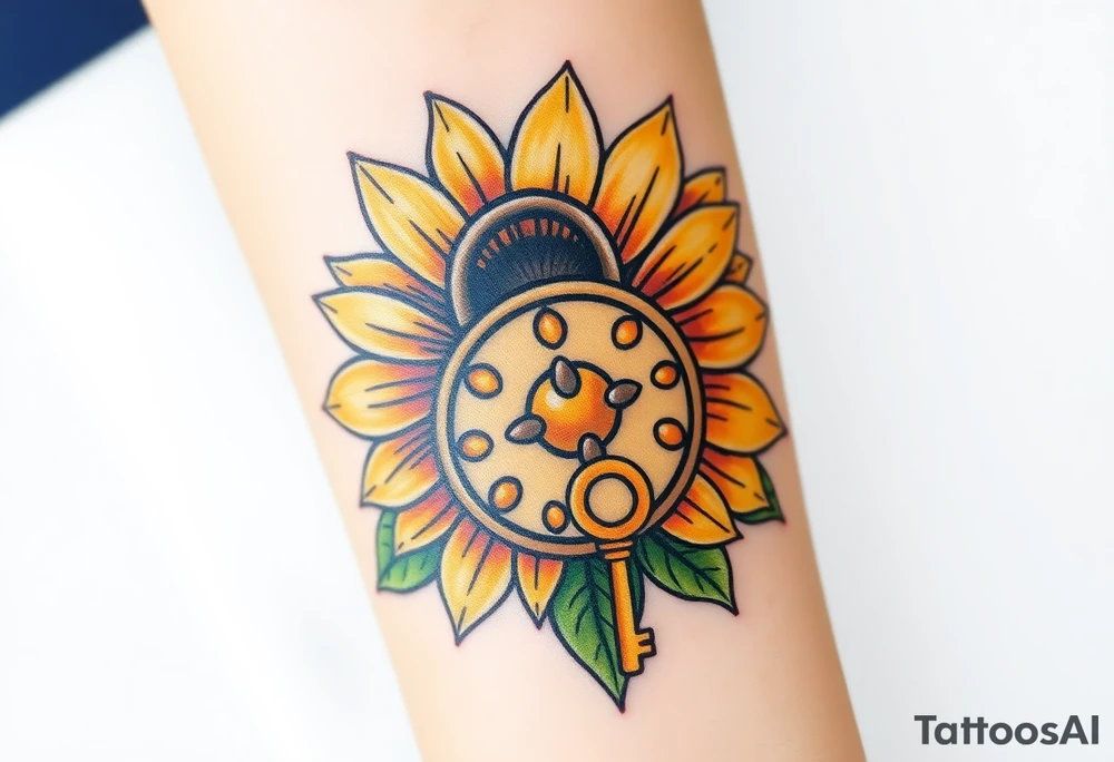 A sunflower lock with a bronze key flowing near the lock within its petals, radiating warmth and positivity tattoo idea