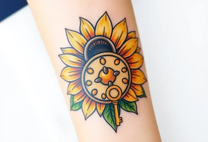 A sunflower lock with a bronze key flowing near the lock within its petals, radiating warmth and positivity tattoo idea