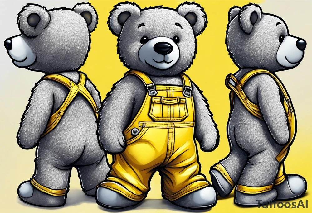 the back of a grey teddy bear standing in yellow overalls, no shirt and boots tattoo idea