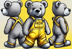 the back of a grey teddy bear standing in yellow overalls, no shirt and boots tattoo idea