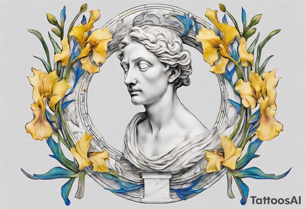 Create a colorful Vincent van Gogh Irises tattoo with an ancient Greek female statue in the middle in white marble. The tattoo should take the form of a crescent, with vines gracefully intertwining at a central point in the middle of the wreath.  The intended placement is on the upper chest. The overall design should be small in size while maintaining a delicate and artistic aesthetic. Pay attention to the graceful flow of the vines and the placement of the irises to achieve a refined and elegant look. tattoo idea