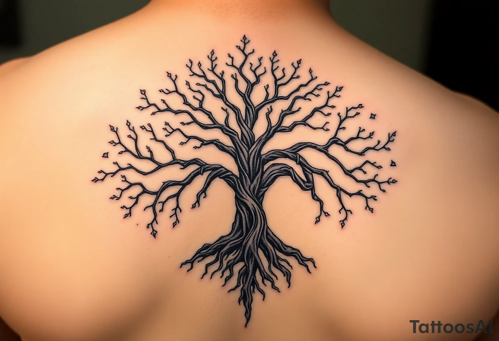 mystical tree of life with cosmic roots and celestial branches tattoo idea