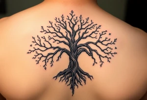 mystical tree of life with cosmic roots and celestial branches tattoo idea