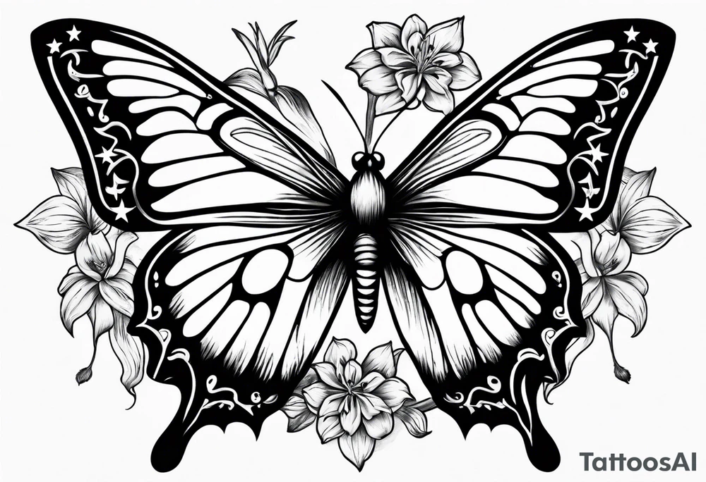 Moon and stars moth lily tattoo idea