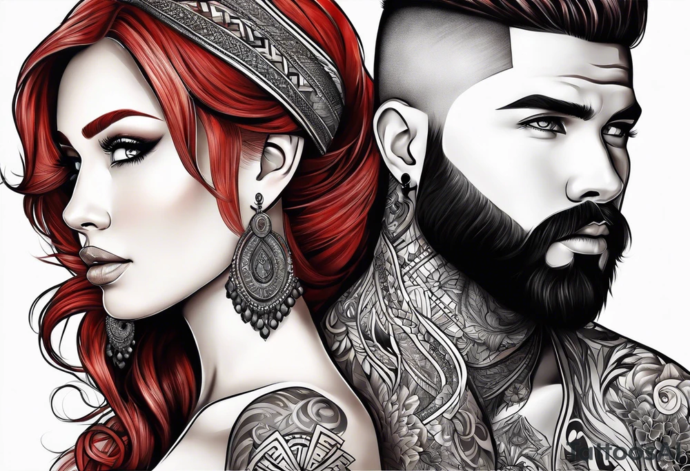 Busty red haired woman with a bearded man who has black hair tattoo idea
