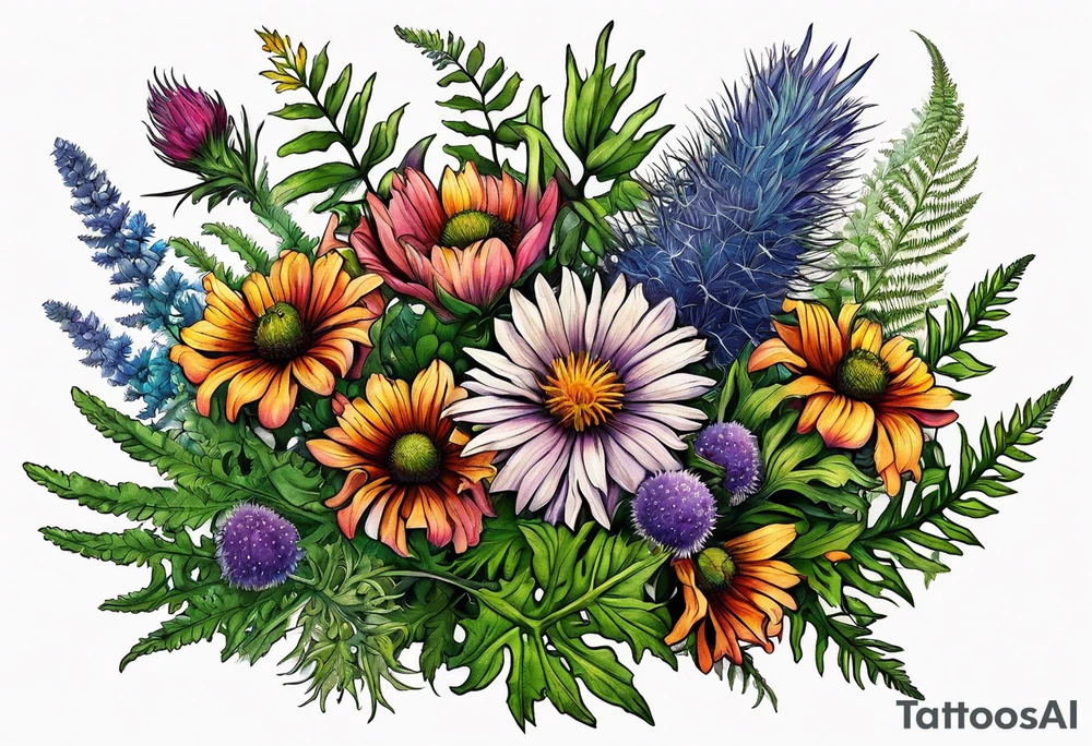 saturated mixed wildflower bouquet with ferns and thistles with color tattoo idea