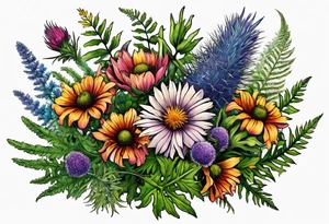 saturated mixed wildflower bouquet with ferns and thistles with color tattoo idea