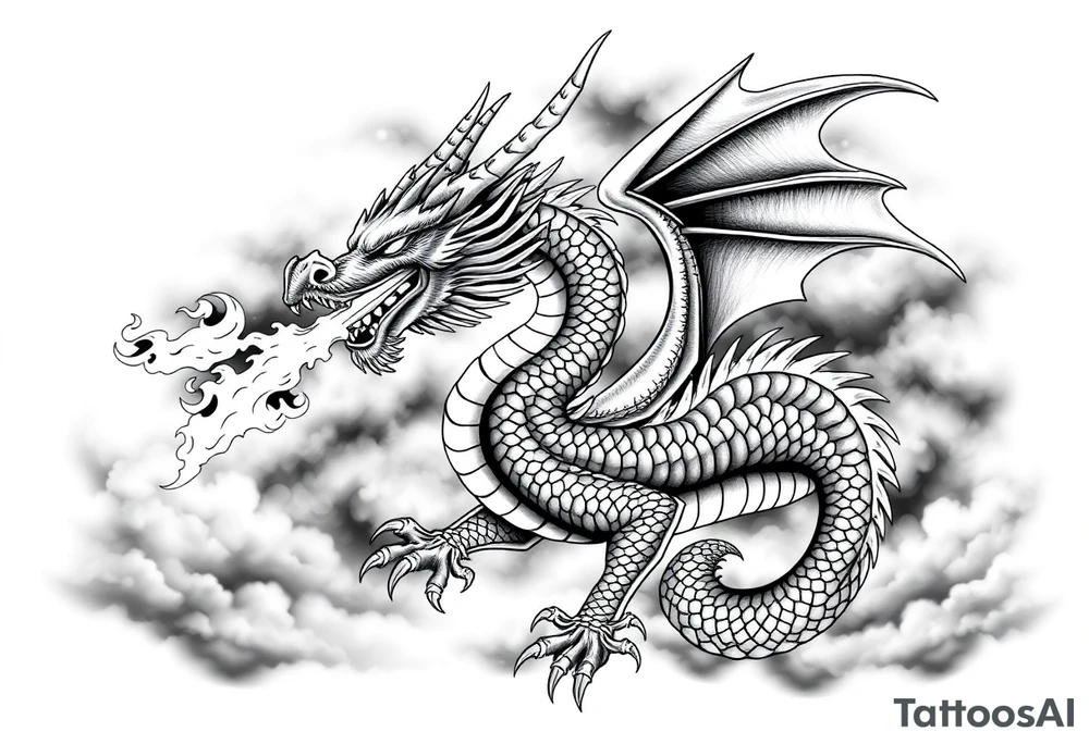 fierce dragon breathing iridescent fire against stormy skies tattoo idea