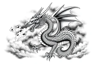 fierce dragon breathing iridescent fire against stormy skies tattoo idea