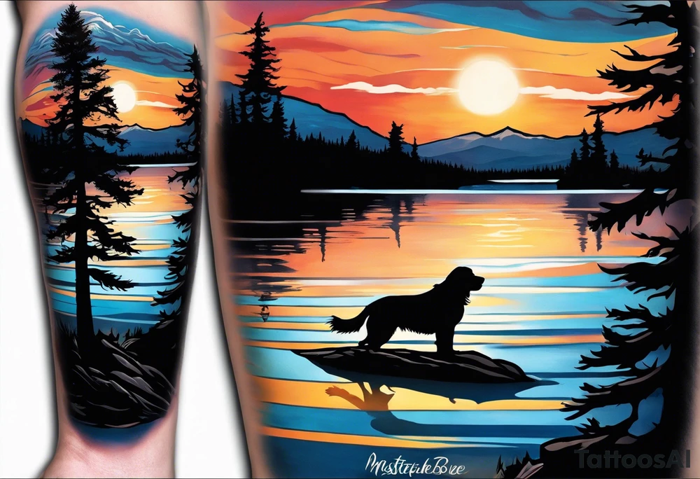 Sleeve tattoo windswept pine tree before lake with low hills on far side of lake. Mastiff silhouette in the foreground. with a dock coming out from the shore. Canadian shield. 
Include the words: "If the sun refused to shine
I would still be loving you
When mountains crumble to the sea
There will still be you and me" tattoo idea