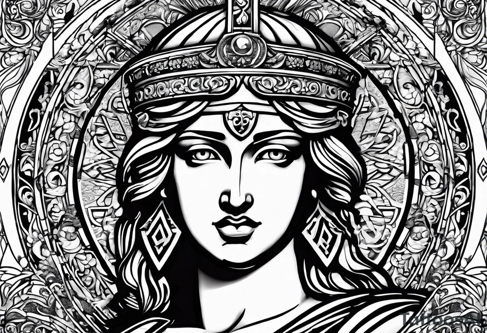 "I would like to depict Themis (Greek Goddess of Justice) cutting her own eyes with her sword." tattoo idea