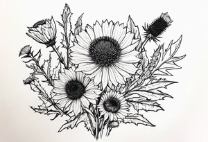 wildflower bouquet including thistle with the lyricas "And I won't let me insecurities define who I am" around it tattoo idea