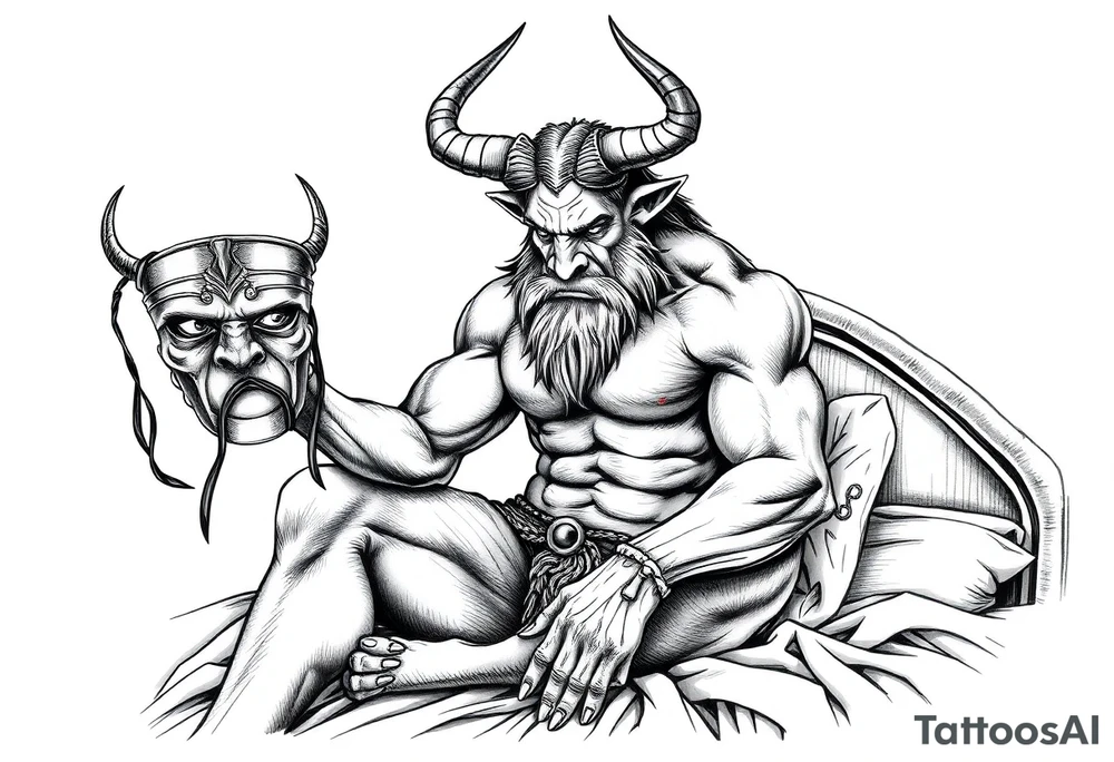 a minotaur holding a mans mask sittind on bed corner tattoo idea