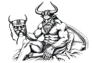 a minotaur holding a mans mask sittind on bed corner tattoo idea